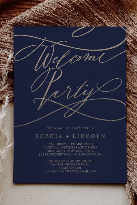 🏷️$1.98 📢Save 15% on Much More 🎁 This romantic navy and gold wedding welcome party invitation is perfect for a modern wedding. The modern classic design features fancy swirls and whimsical flourishes with gorgeous elegant hand lettered faux champagne gold typography.  Please Note: This design does not feature real gold foil. It is a high quality graphic made to look like gold foil. 🔥 #classicweddingwelcomeparty #calligraphy #elegant #uniquefancyhandletteringk081 #whitechampagnegoldwhimsical Welcome Party Invitation, Navy And Gold Wedding, Wedding Welcome Party, Gold Typography, Welcome Party, Destination Wedding Invitations, Welcome To The Party, Wedding Welcome, Champagne Gold