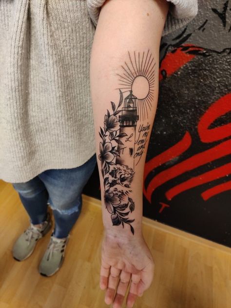 Female Lighthouse Tattoo, Lighthouse Flower Tattoo, Lighthouse Sleeve Tattoo Women, Coastal Tattoos For Women, Light House Tattoo Design, Lighthouse Tattoo For Women, Light House Tattoo, Lighthouse Tattoo Meaning, Traditional Lighthouse Tattoo