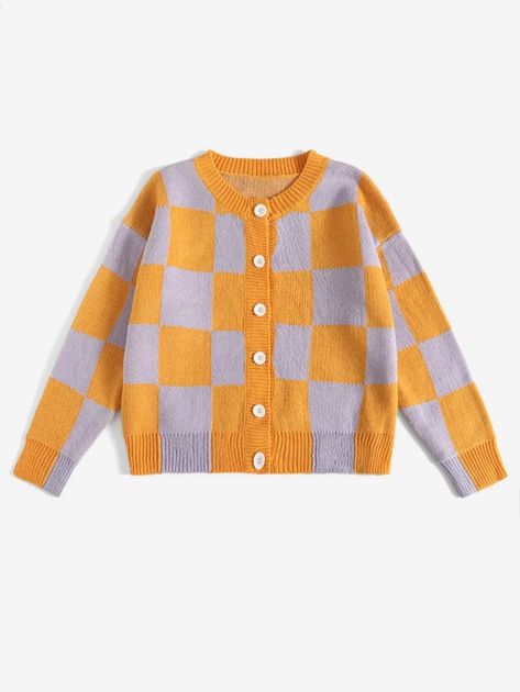 Checker Pattern Drop Shoulder Cardigan | SHEIN USA Checkered Cardigan, Drop Shoulder Cardigan, Checkered Pattern, Drop Shoulder, Cardigans For Women, Knitting, Pattern