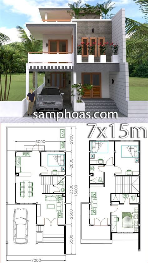 4 Bedroom Home Design Plan 7.5x9m - SamPhoas Plansearch Two Story House Design, 2 Storey House Design, Two Story House, Casa Country, Duplex House Plans, Simple House Design, Narrow House, House Construction Plan, House Layout Plans