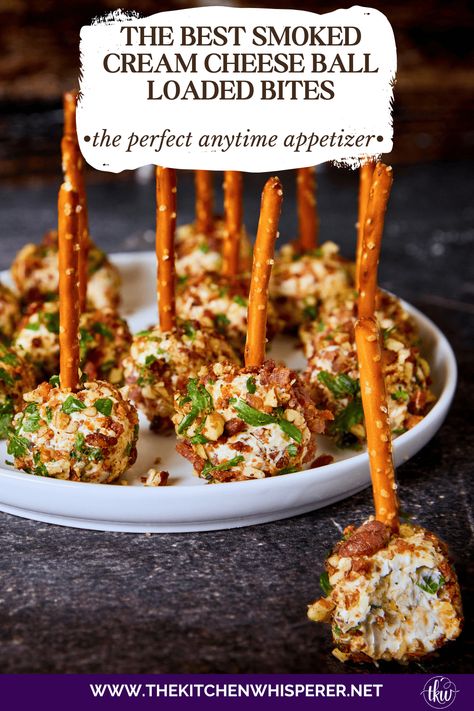 Thanks to the smoked cream cheese, these loaded cheese ball bites are the best out there! They are the perfect grab-and-go anytime appetizer! Mini Smoked Cheese Balls, Smoked Cream Cheese Ball, Smoked Christmas Appetizers, Smoked Cheese Ball, Bacon Cheeseball Recipes, Christmas Cheese Ball, Smoked Appetizers, Smoked Cream Cheese, Cheese Ball Bites