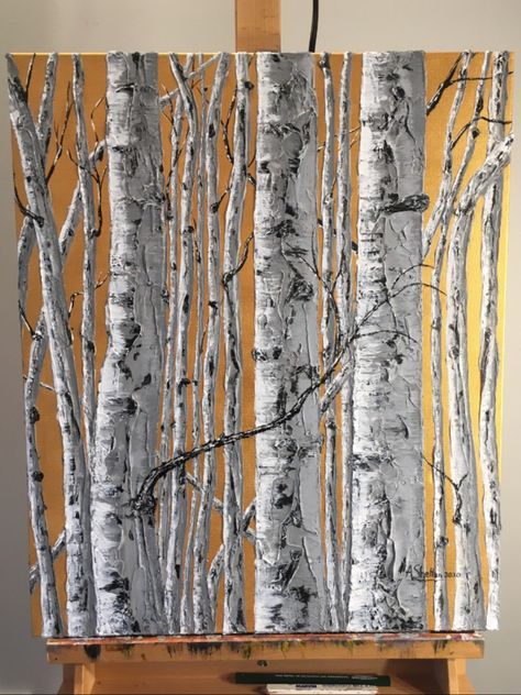 Painting On Golden Background, Aspen Painting Acrylic, Birch Tree Painting Acrylic, Tree Trunk Painting, 자작나무 그림, Aspen Trees Painting, Birch Trees Painting, Birches Painting, Birch Tree Art