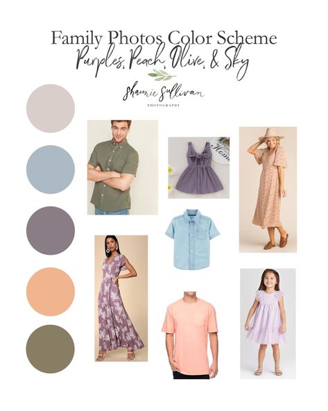 Family Photo Outfits Color Schemes - Purples, Peach, Olive, & Sky - Shaunie Sullivan Photography Purple Easter Outfit Family, Family Photo Purple Color Scheme, Family Photo Outfits Color Schemes, Picture Color Schemes, Family Photo Outfits Summer, Spring Family Pictures, Spring Family Photos, Summer Family Pictures, Family Portrait Outfits