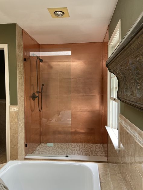 Welcome to the Copper Shower Company! We have created a unique do-it-yourself, Copper Shower Kit that is innovative in design and unlike anything the industry has seen before. We offer more versatility and flexibility than any other tub or shower enclosure product available in the market place today. The Kits are “Green” and not only are they 100% recyclable but can also be made with recycled copper. The best part? They are anti-microbial so they self clean! Never clean your shower again! Shower Wall Kits, Bathtub Surround, Copper Tub, Shower Inserts, Shower Together, Copper Tiles, Shower Sizes, Unique Shower, Tub Surround