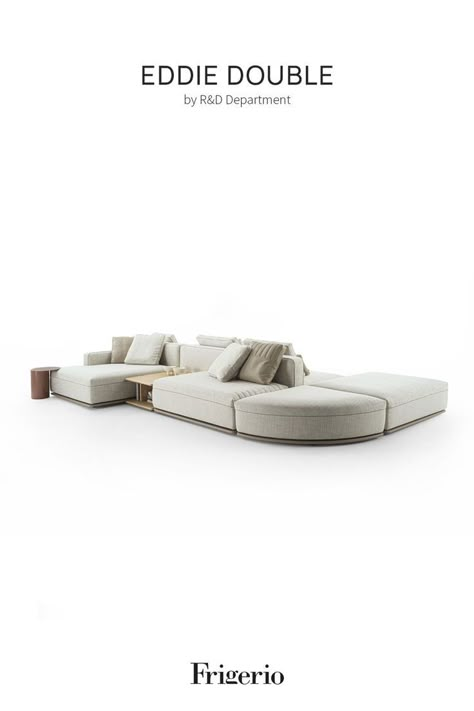 Double sided sofa Eddie by Frigerio with two linear sections in double sided version with curved ending elements and poufs for big living room areas. Covered in a light coloured fabric in the hues of beige and white, the base is in leather for an elegant touch of precious materials. Sofa For Big Living Room, Big Living Room, Home Hall Design, Modern Sofa Living Room, Open Concept Layout, Modular Sofas, Furniture Design Chair, Jewellery Showroom, Big Sofas