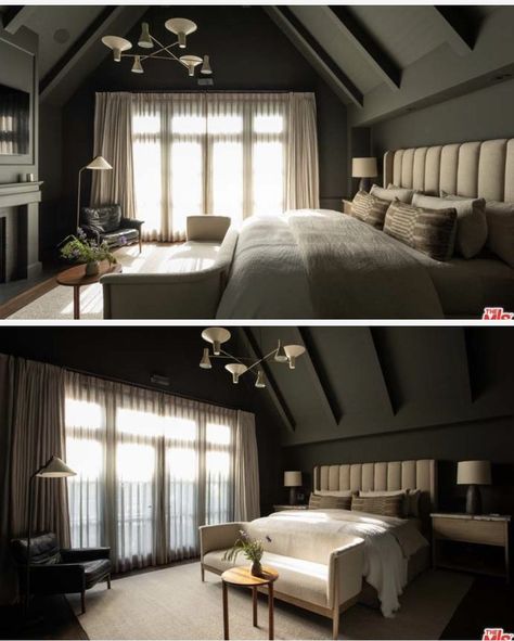 Unusual Master Bedrooms, Masculine Attic Bedroom, Moody Bedroom Vaulted Ceiling, Masculine Feminine Bedroom, Sloped Ceiling Bedroom Master Suite, Couples Bedroom Ideas, Bed Interior Design, Color Drenching, Design Bedroom Ideas