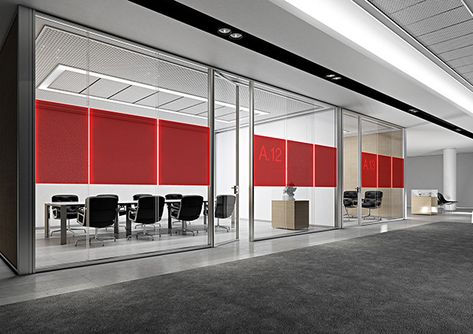 Office Furniture on Behance Window Branding, Work Office Decor Ideas, Window Brands, Glass Partition Wall, Office Wall Design, Office Partitions, Dental Office Design Interiors, Office Ceiling, Red Office