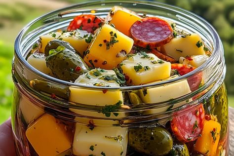 Easy Marinated Cheese Appetizer with Salami & Pickles - recipestasteful Pickled Cheese And Salami Snack Jars, Easy Marinated Cheese With Salami And Pickles, Pickled Cheese Recipe, Appetizer In A Jar, Marinated Olives Appetizer, Marinated Charcuterie In A Jar, All Recipes Marinated Cheese, Marinated Cheese Plate 12 Tomatoes, Marinade Cheese Party Appetizers