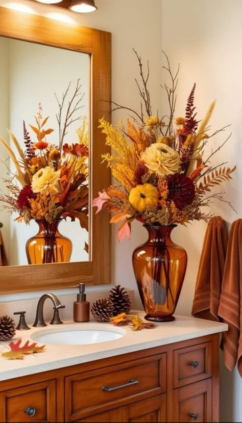 Thanksgiving Bathroom Decor, Autumn Bathroom Decor, African Decor Living Room, Rustic Powder Room, Fall Bathroom Decor Ideas, Fall Bathroom Decor, Green Living Room Decor, Fall Bathroom, Bathroom Decor Themes