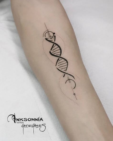 Unique DNA Infinity Tattoo Dna Wrist Tattoo, Simple Dna Tattoo, Event Horizon Tattoo, Dna Tattoo Family, Biochemistry Tattoo, Simple Bicep Tattoo, Neurodivergent Tattoo Ideas, Detachment Tattoo, Dna Helix Tattoo