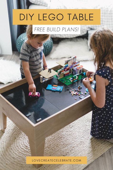 Easy DIY Lego Table Build! Learn how to make a modern DIY Kids Lego table with storage space underneath! This DIY homemade LEGO table can be adapted into a train table, craft table, and more, for kids of any age. Build the whole table with one sheet of plywood in an afternoon! #legotable #kidsfurniture #DIYprojects #woodworking Lego Table Diy Homemade, Kids Lego Table, Diy Lego Table, Lego Table With Storage, Lego Diy Crafts, Playhouse Furniture, Kids Indoor Playhouse, Lego Table Diy, Diy Kids Table