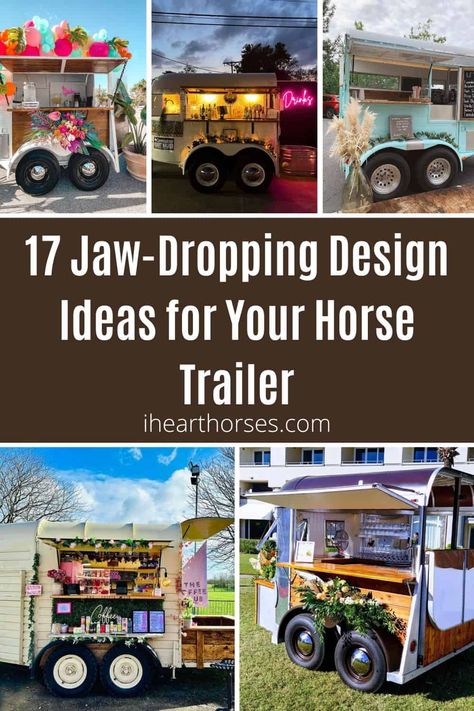 17 Jaw-Dropping Design Ideas for Your Horse Trailer pinterest image. Horse Trailer Repurposed, Single Horse Trailer Bar, Refurbished Horse Trailer Bar, Horse Trailer Hot Cocoa Bar, Repurpose Horse Trailer, Convert Horse Trailer To Food Trailer, Mobile Detailing Trailer, Horse Trailer Food Cart, Horse Trailer Greenhouse