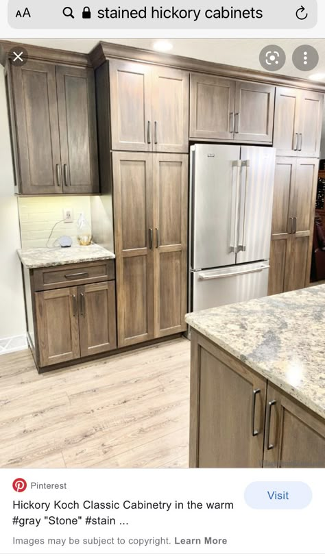 Stained Hickory Kitchen Cabinets, Stained Shiplap, Hickory Kitchen Cabinets, Hickory Kitchen, Stained Kitchen Cabinets, Hickory Cabinets, Two Tone Kitchen Cabinets, Home Stores, Cambria Quartz