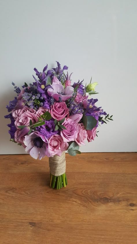 Purple, lavender, spring wedding bouquet Bouquets For Purple Dresses, Prom Bouquet Ideas Purple Dress, Flower Bouquet Purple Lavender, Purple And Pink Flower Bouquet, Purple Homecoming Bouquet, Purple Dress Bouquet, Small Wedding Bouquets Spring, Lilac Prom Bouquet, Pink And Purple Bouquet Wedding