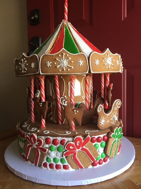 Gingerbread Carousel Pattern, Gingerbread Roller Coaster, Gingerbread Carousel Template, Gingerbread Carousel, Gingerbread Castle, Gingerbread Creations, Cool Gingerbread Houses, Candy Castle, Festival Of Trees