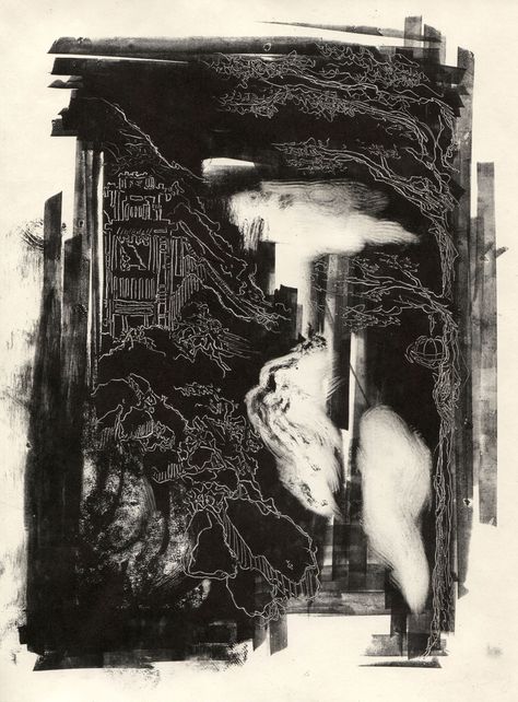 "Epiphany" Monotype print by Jannat Day  #art #printmaking #monotype #ink Monotone Abstract Art, Monotype Printmaking Ideas, Experimental Printmaking, Collograph Printmaking, Monotype Art, Reduction Printmaking, Printmaking Artists, Printmaking Monotype, Monotype Printing