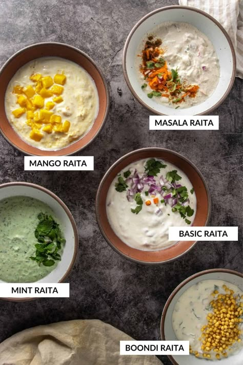 India raita is a yogurt condiment that is ultra refreshing and perfect for the summer. It's a great side for any Indian curry! There are three variations included in this post including a traditional version, a mint raita and a boondi raita Indian Yoghurt Dip, Raita Sauce, Indian Yogurt Sauce Recipe, Mint Raita, Healthy Desi Food, Indian Raita, Boondi Raita, Summer Indian Food, Indian Summer Recipes