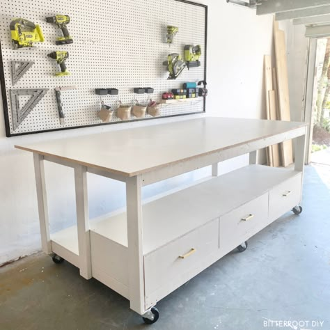 DIY Workbench with Storage Drawers | Sewing Organization Small Space, Diy Mobile Workbench, Workbench With Storage, Craft Tables With Storage, Diy Sewing Table, Sewing Room Inspiration, Workbench Plans Diy, Mobile Workbench, Plywood Shelves