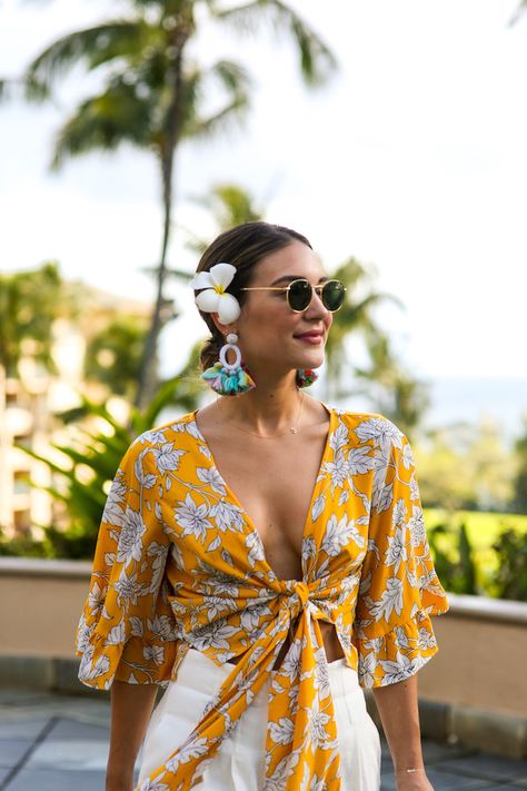 Yellow Floral Crop Top, Colorful Statement Tassel Earrings | What to Wear in Hawaii Luau Outfits Hawaii, Colorful Summer Tops Women, Aloha Outfit Ideas For Women, Luau Outfit Ideas, Hawaii Outfits Women, Luau Outfit Women, Tiki Party Outfit, Tropical Outfit Ideas, What To Wear In Hawaii