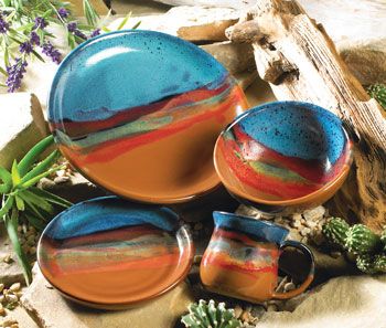 Glazed in brilliant blue and copper with bright accents of red, yellow, and green, the Azul Scape stoneware collection from Lone Star Western Decor is reminiscent of the Southwest’s vibrant landscape. Southwestern Dinnerware, Western Dinnerware, Rustic Dinnerware, Pottery Dinnerware, Lobby Decor, Black Forest Decor, Southwestern Home, Sculptures Céramiques, Western Furniture