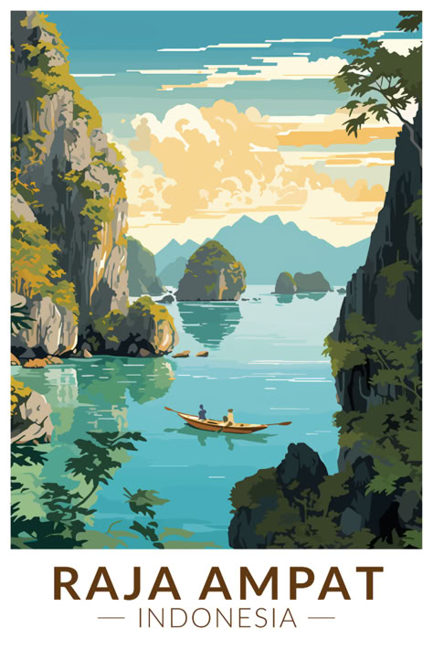 Vintage-style poster showcasing the breathtaking landscapes of Raja Ampat in Indonesia, perfect for travel-inspired home decor Travel Poster Illustration, Asia Drawing, Banda Neira, Boat Travel, Vintage Postcards Travel, Learn Watercolor Painting, West Papua, Raja Ampat, Indonesian Art