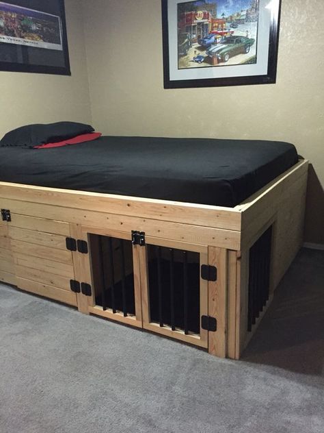 simpliRV favorite: NOTE: IMAGE ONLY  Space safer...dog crate under bed. Large Dog Crate Ideas Diy, Built In Dog Bed, Cheap Dog Kennels, Diy Dog Crate, Dog Kennel Cover, Dog Crate Bed, Dog Crate Cover, Dog Kennel Furniture, Crate Bed