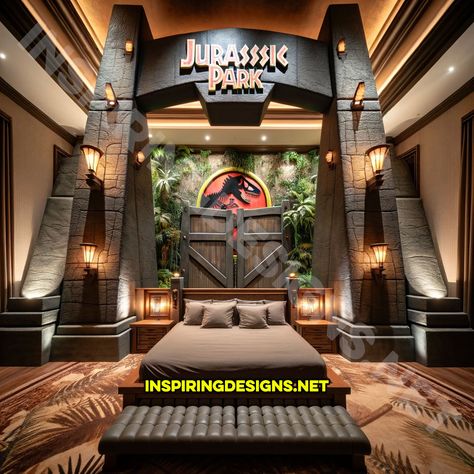 These Jurassic Park Gate Beds Are the Ultimate Bedroom Upgrade for Dino Lovers – Inspiring Designs Dinosaur Interior Design, Jurassic Park Bedroom, Jurassic Bedroom, Jurassic Park Gate, Dinosaur Bed, Dream Bored, Dino Room, Ultimate Bedroom, Mesozoic Era