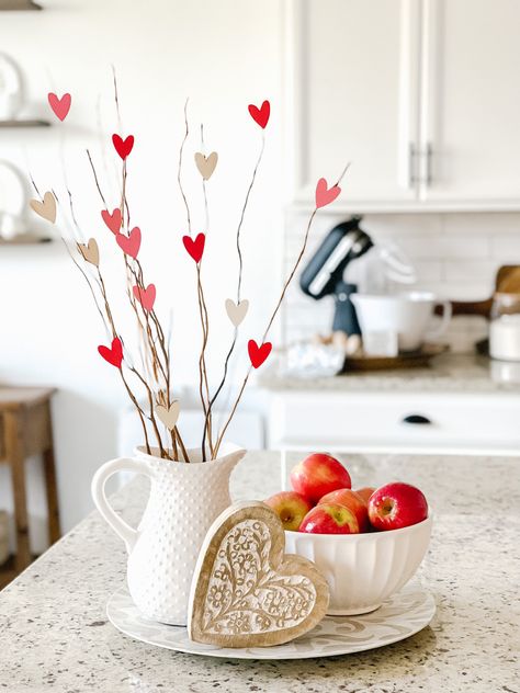 Simple DIY valentines day decor Organic Valentines Decor, Diy Valentines Garland Simple, February Decorations Diy, Valentines Day Farmhouse Decor, Valentines Decor Mantle, Simple Valentines Decorations, Simple Valentines Centerpiece, Valentines Day Decorations Simple, Valentine Boho Decor