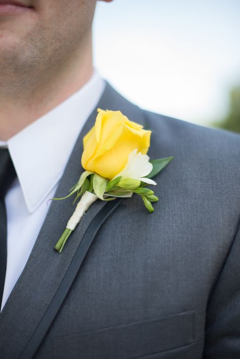 Yellow Rose Boutonniere Wedding, Yellow Rose Boutonniere, Freesia Boutonniere, Iris Wedding Bouquet, Men Corsage, Gray Wedding Suit, Wedding Dresses Canada, Yellow Boutonniere, Rose Gold Prom Dress