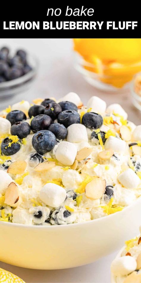 lemon blueberry fluff with mini marshmallows and blueberries on top Lemon Blueberry Fluff Salad, Blueberry Cloud Jello Salad, Blueberry Cold Desserts, Blueberry Fluff Dessert, Lemon Blueberry Fluff, Blueberry Salads, Blueberry Desserts Easy, Lemon Blueberry Desserts, Blueberry Fluff Salad