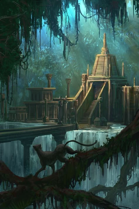 Jungle Temple, Heroic Fantasy, Fantasy City, Fantasy Places, Fantasy Setting, Fantasy Art Landscapes, Fantasy Concept Art, Arte Fantasy, 판타지 아트