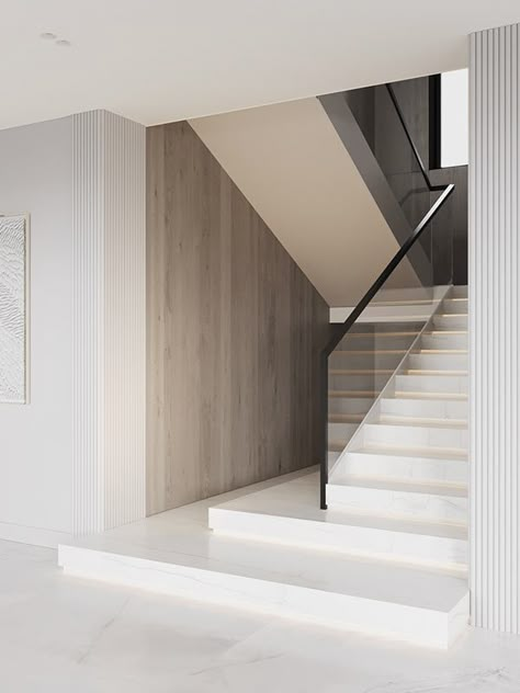 LCH106 :: Behance Stairs Modern Design, Entrance Hall Under Stairs, Modern Home Entry, Staircase Minimalist, Modern White Staircase, Residential Stairs, Staircase Modern, Modern Stairs Design, Internal Stairs Modern