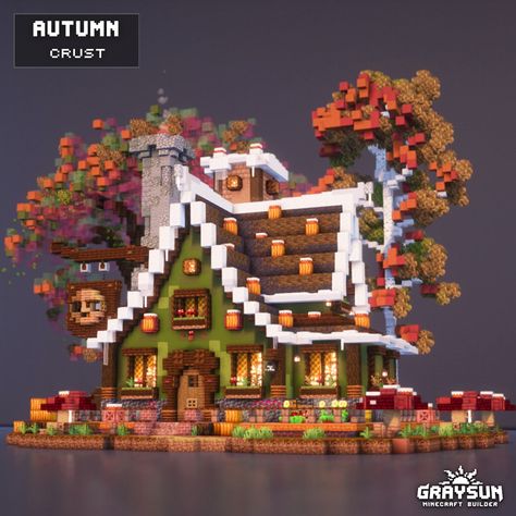 Graysun | Minecraft Builds | 🏡 Autumn Crust - Minecraft 💾 Comment "Download" for my Patreon link. 📘 ‣ A Coffee Shop House for Fall in Minecraft ⛏ ‣ Built on Minecraft... | Instagram Minecraft Medium House, Shop Minecraft Ideas, Fall Minecraft Builds, Minecraft Coffee Shop, Shop In Minecraft, Minecraft Rollercoaster, Pumpkin Village, Coffee Shop House, Themed Coffee Shop