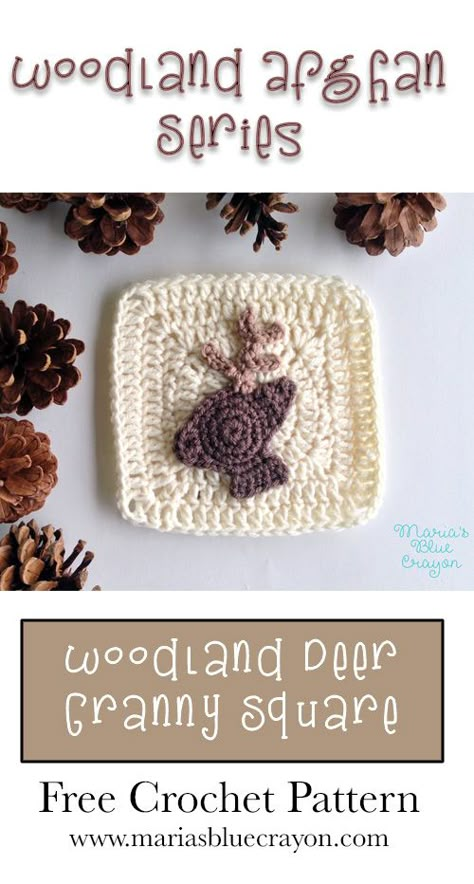 Woodland Deer Granny Square | Woodland Afghan Series | Free Crochet Pattern Deer Granny Square, Crochet Deer Applique, Bunny Granny Square, Free Bunny Crochet Pattern, Deer Crochet Pattern, Deer Applique, Crochet Woodland, Deer Crochet, Bunny Applique