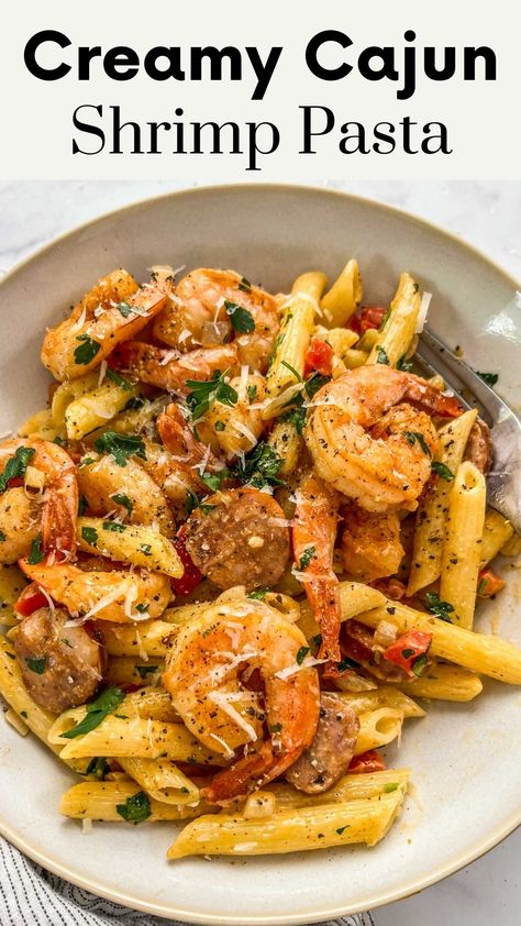 This Cajun pasta recipe is such a flavorful dish! The combination of the sausage, shrimp, veggies, creamy sauce, and Cajun spice mix is a truly satisfying weeknight meal! High Protein Low Calorie Dinner, Andouille Sausage Pasta, Cajun Seafood Pasta, Recipes With Salmon, Cajun Pasta Recipes, Shrimp And Sausage Pasta, Creamy Cajun Shrimp, Creamy Cajun Pasta, Pasta Recipes Healthy