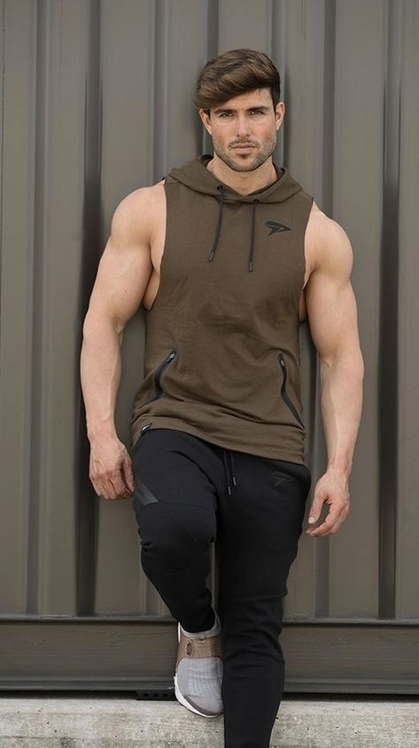 Mens Workout Outfits, Mens Gym Outfits, Guys In Sweatpants, Gym Outfit Men, Fitness Photoshoot, Gym Outfits, Mens Workout Clothes, Sleeveless Hoodie, Stylish Mens Outfits