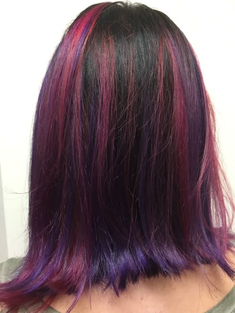 Purple Hair Red Highlights, Purple And Red Hair Highlights, Dark Purple And Red Hair, Dark Red And Purple Hair, Purple Hair With Pink Highlights, Red Hair With Purple Highlights, Black Hair With Purple Streaks, Purple Streaks In Brown Hair, Red And Purple Nails