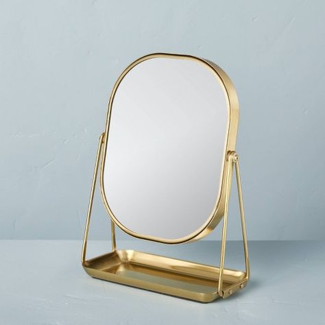 Brass Vanity Flip Mirror with Tray - Hearth & Hand™ with Magnolia Gold Table Mirror, White And Gold Room Decor, Vanity Flip, Brass Vanity Mirror, Dorm Items, Surf Room Decor, Preppy House, Room Wishlist, Brass Vanity