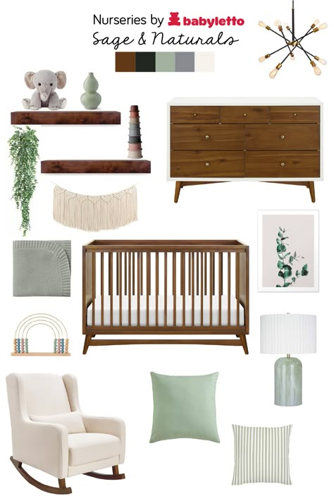 Sage Green Nursery Brown Furniture, Olive Green Nursery Boy Forest, Oak Wood Nursery, Natural Green Nursery, Earth Nursery Theme, Green And Tan Nursery Gender Neutral, Nursery With Dark Carpet, Green And Natural Nursery, Sage Green Natural Wood Nursery