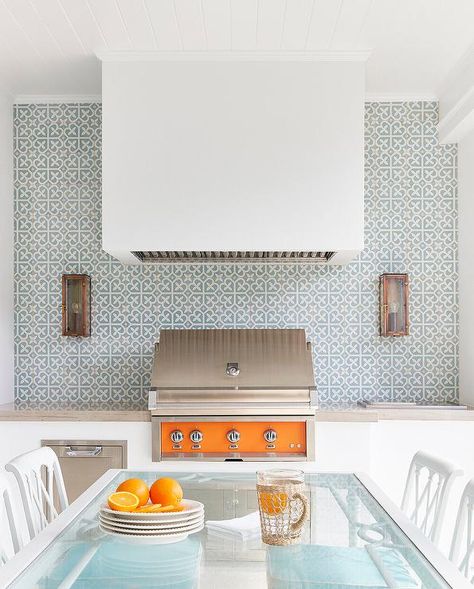 White Outdoor Kitchen with Blue Mosaic Tiles and Orange BBQ Grill - Cottage - Kitchen Concrete Outdoor Kitchen, Blue Mosaic Tile, Outdoor Kitchen Ideas, Outdoor Sinks, Miller Homes, Summer Loving, Rustic Kitchen Design, Rustic Storage, Blue Mosaic