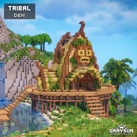 Graysun | Minecraft Builds on Instagram: "🏡Tribal Den - Minecraft 💾Comment "Download" for my Patreon link.  🗒 ‣ A Minecraft fantasy Jungle den in a tropical island! This house was built on stream for the Bakery Stream week-end on June 22nd !  ⛏ ‣ Built on Minecraft Java 1.20.1  🌅 ‣ Complementary Unbound r5.2.1  🌳 ‣ Jerm's Better Leaves V3.0  🏷 ‣ #minecraft #minecraftideas #minecraftbuild #minecraftbuilds #minecraftinspiration #minecraftbuilding #minecraftcreations #minecrafthouse" Minecraft Water Temple, Pirate Minecraft, Minecraft Jungle House, Minecraft Beach, Minecraft Enchantments, Fantasy Jungle, Minecraft Town, Build Minecraft, Tropical Colonial