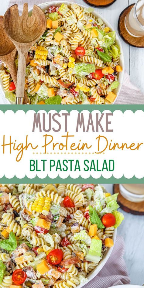 This BLT Pasta Salad is by far one of the most popular recipes on HGHF. It has been made so many times and shared for pot lucks, guests coming over, and a high protein dinner. It is a recipe you can rely on to take anywhere! It is packed with nutrients, delicious ranch sauce and perfect for simple easy dinner or meal prep for lunches. Enjoy this cleaner eating pasta salad for the summer. Easy Protein Pasta Salad, Meal Prep Healthy Pasta, High Protein Meals Summer, Pasta Salad Lunchbox Ideas, Pasta Salad For Camping, Low Calorie High Protein Pasta Salad, Pasta Salad Meal Prep Cold, Macro Pasta Salad, Healthy High Protein Pasta Salad