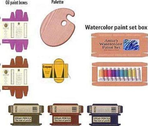 art supplies Miniature Art Studio, Diorama Diy, Paint Table, House Objects, Mini Printables, Barbie Printables, Dollhouse Tutorials, Dollhouse Printables, Diy Doll Miniatures