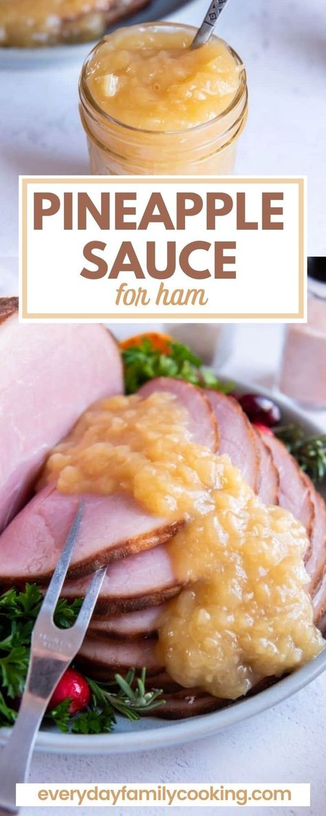 This is the perfect sweet and tangy condiment to add to your holiday ham! It's made with brown sugar, pineapple, and vinegar. It cooks down to be thick and creamy while super rich in flavor. It's the perfect way to take your ham recipes to the next level and incredibly simple to make. Pineapple Compote For Ham, Pinapple Ham Sauce, Pineapple Topping For Ham, Pineapple Ham Sandwich, Pineapple Sauce For Ham Easy, Ham With Pineapple Sauce, Sauces For Ham Slices, Cold Ham Recipes, Sauce For Ham Steaks