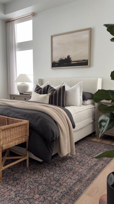 Black White And Brown Bedding, Greige Bedding Ideas, Grey Cream And Brown Bedroom, Tan Gray Bedding, Dark Vs Light Bedding, Taupe And Charcoal Bedroom, All Grey Bedding, Bedroom Ideas Dark Comforter, Modern Winter Bedding