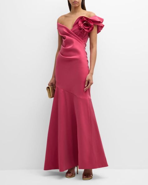 T5PWH Rickie Freeman for Teri Jon Pleated Off-Shoulder Ruffle Gazar Gown Gazar Gown, Ruffle Gown, Teri Jon, Column Gown, Kids Home, Sweater Weather, Light Red, Crossover, Neiman Marcus