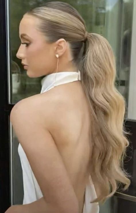 Slick Ponytail Bridesmaid Hair, Slick Back Updo Prom, Curled Slicked Back Ponytail, Slick Back Curled Ponytail Prom, Ponytail For Formal Event, Slick Back Prom Ponytail, High Neck Line Dress Hairstyles, Curled High Ponytail Hairstyles Prom, Bridal Slicked Back Hair