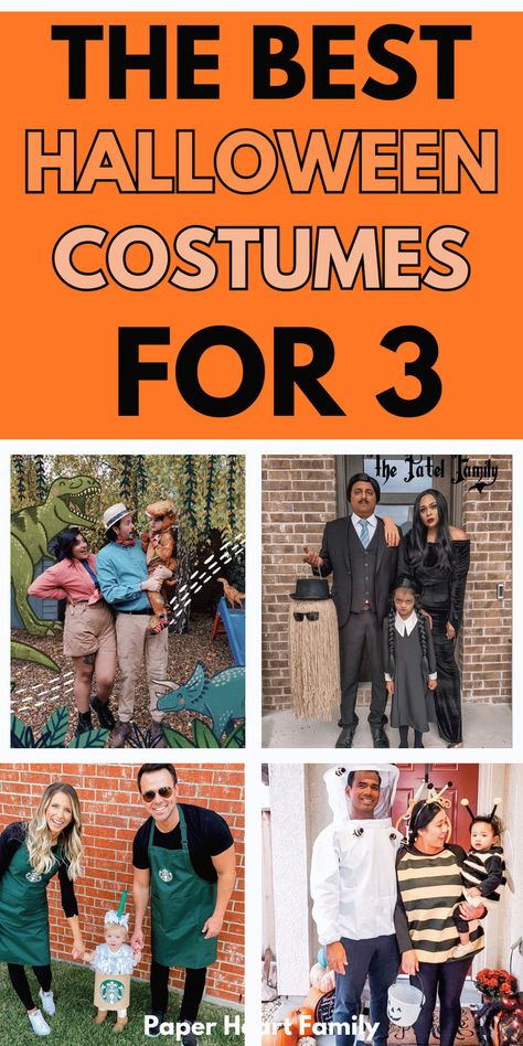 These Halloween costumes for three are the BEST! Get inspired for your family of three Halloween costume, and make this year the best yet. Three person Halloween costumes don't have to be difficult! 3 Person Costume, Halloween Costumes For Three, 3 Family Halloween Costumes, Three Person Costumes, Halloween Costumes For Families, Family Costumes For 3, Fun Halloween Costumes, Diy Baby Halloween Costumes, Halloween Costumes For Family