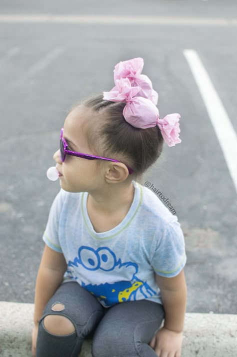 Crazy Hair Day Bun Ideas, Cotton Candy Crazy Hair Day, Candy Day At School, Donut Hair Bun Crazy Hair Day, Candy Crazy Hair Day, Crazy Hair Day For Toddler Girl, Short Crazy Hair Day At School, Lollipop Hairstyles, Fun Buns Hairstyles For Kids