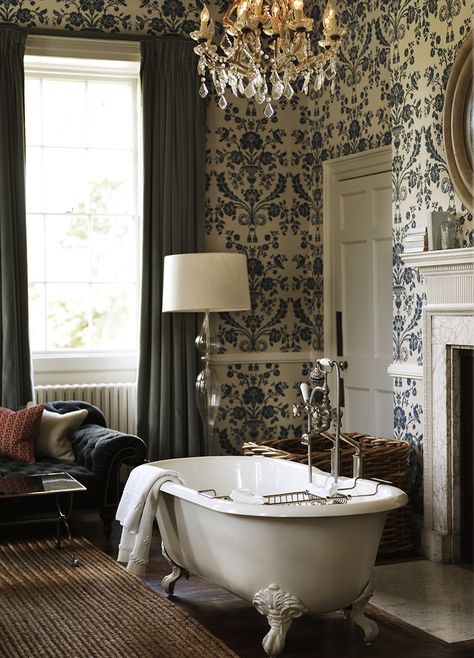 So romantic!  Love the soaking tub in front of the fire.  Could be heaven!  Babington House via Stylejuicer. Babington House, English Interior, English Country Decor, English Country Style, English Decor, Country Retreat, Country Interior, English Country House, English House